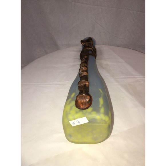 Handmade Blown Vase Engraved With Metal Blue Yellow Art Nouveau Style - Picture 9 of 9